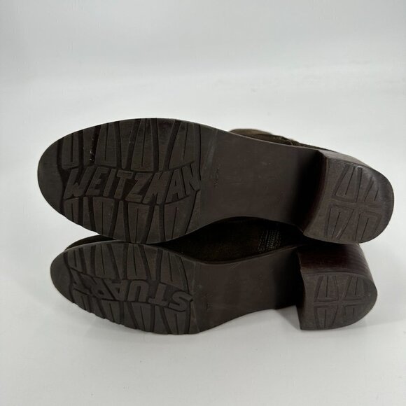 Stuart Weitzman Brown Suede Brass Buckle Stacked Heel Zipper 7 Ankle Boots - Picture 7 of 8